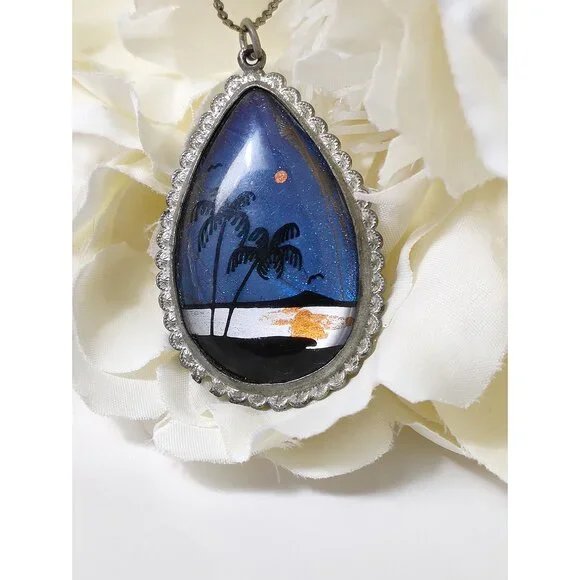 Vintage Morpho Butterfly Wing Pendant Necklace Painted Forest Palm Tree Blue - Picture 3 of 11